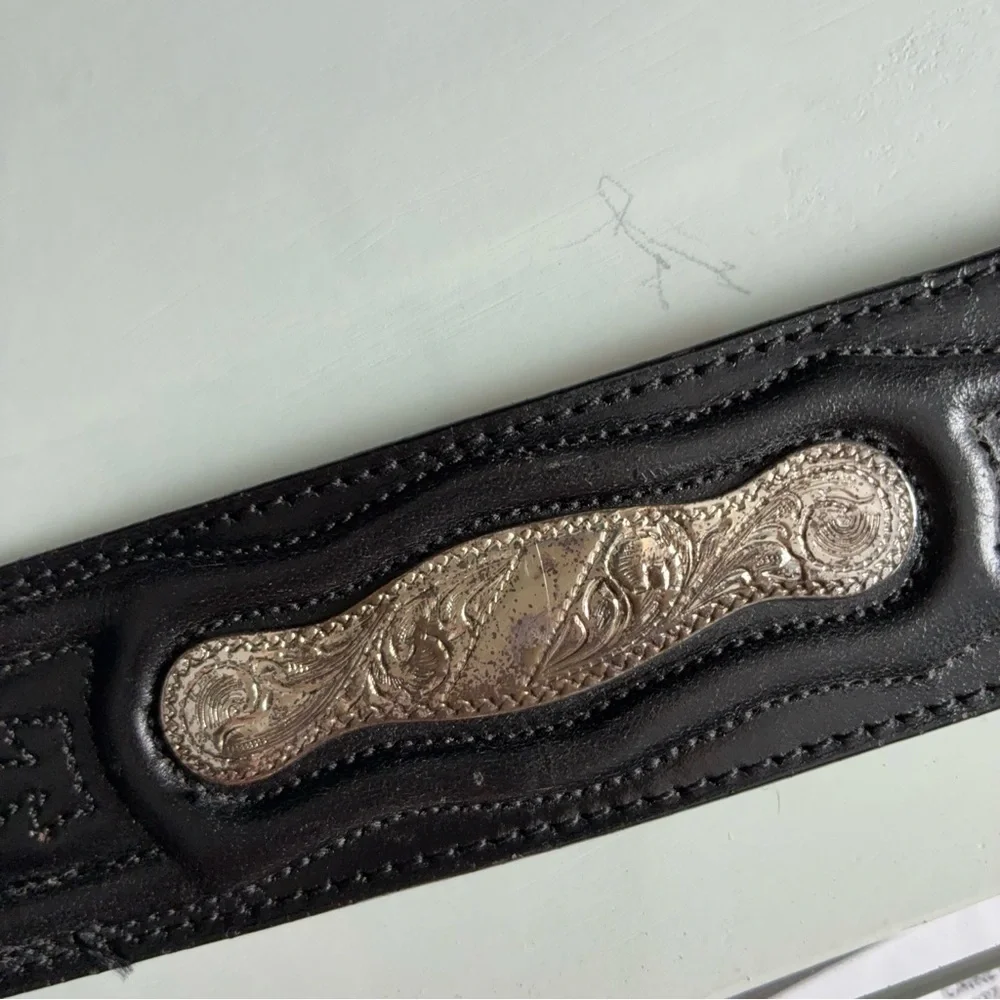 Western Black Leather Men’s Belt with Silver Accents Size 36